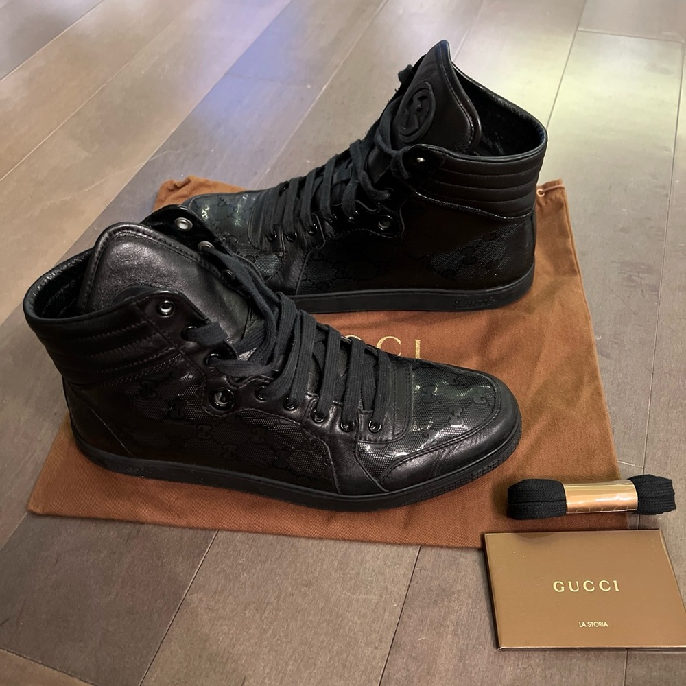 Gucci Men’s Sneakers Size 8.5 Excellent Logo Black High Top